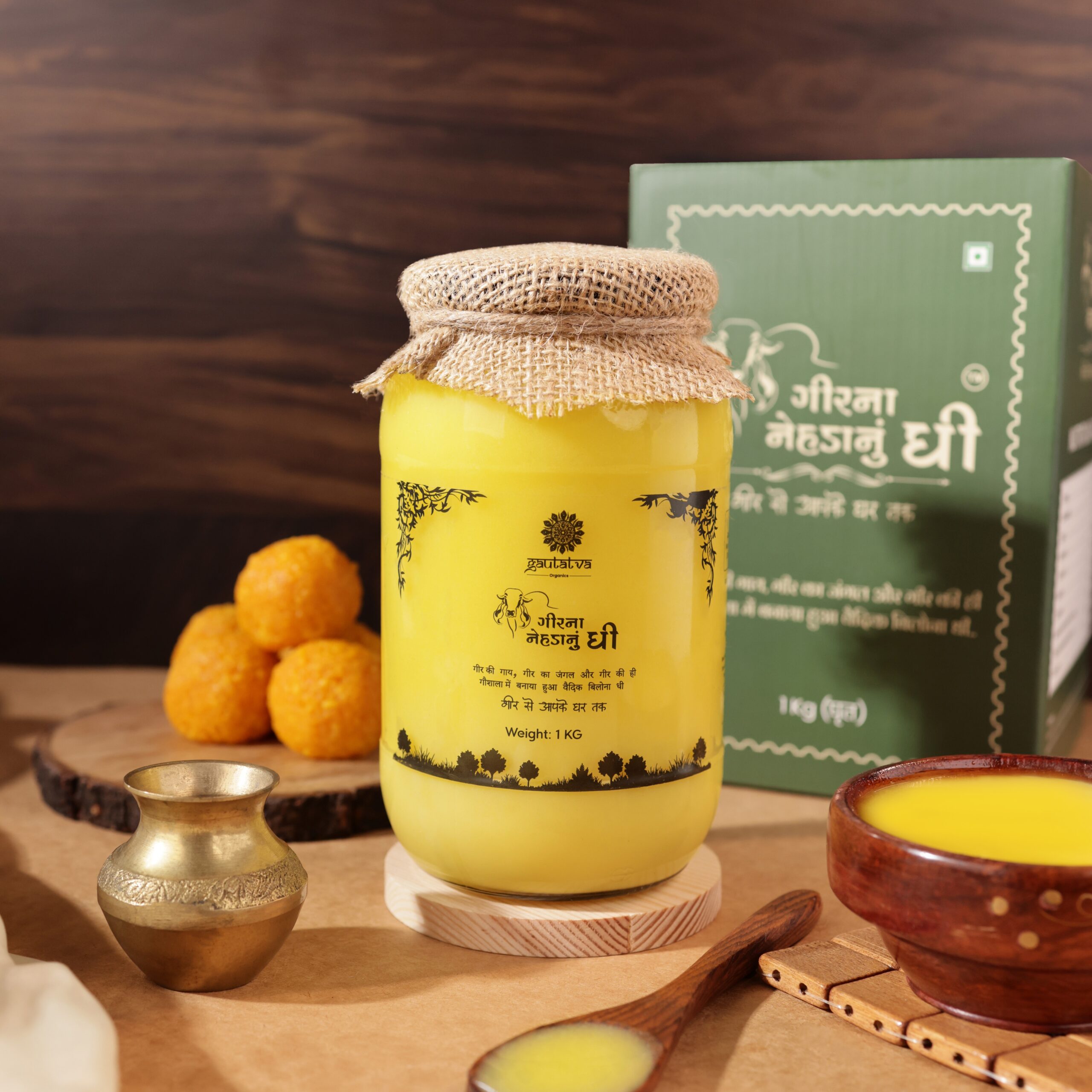 Pure A2 Gir Cow Ghee made from forest-raised Gir cows of Gir Forest using the traditional bilona method.Free-grazing cows, Ayurvedic forest herbs, slow hand-churning, and cow-dung fire cooking give this ghee its natural aroma, grainy texture, and easy digestibility. ✔ Forest-origin milk✔ No factory feed✔ Bilona from curd✔ Rich aroma & danedar texture